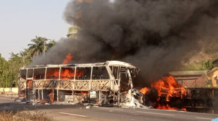 baobab express bus burnt after an accident in Dassa, Benin
