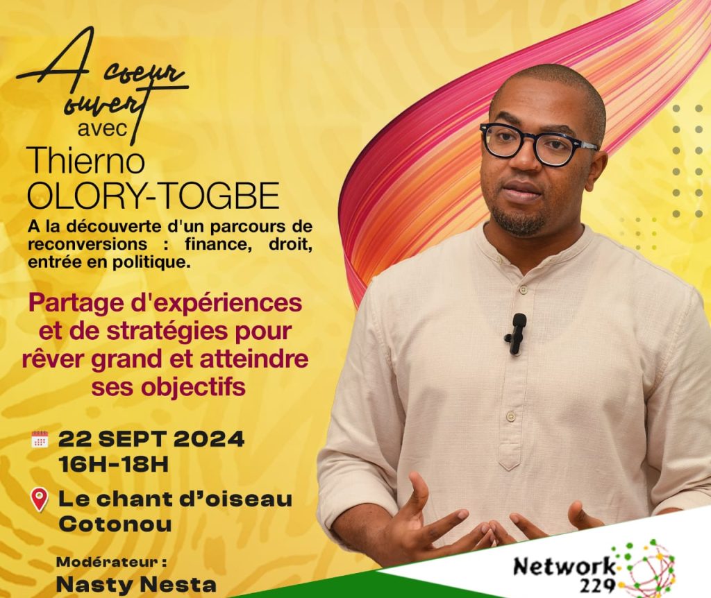 Maître Thierno OLORY-TOGBE sera à cœur ouvert ce dimanche 22 septembre 2024 avec la jeunesse béninoise. A cette occasion, le jeune leader veut partager avec les jeunes générations, au Chant d’Oiseau (Cotonou) entre 16H et 18H, ses expériences de reconversion (Finance, Droit, entrée en Politique). Il se prononcera sur les choix parfois difficiles, sur les plans académique, professionnel et personnel.